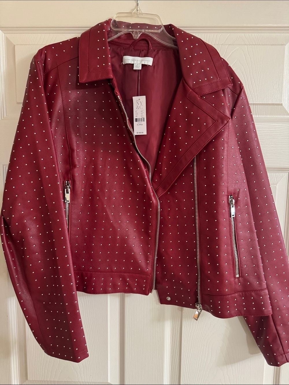 New York & Company Wine Faux Leather Studded Moto Jacket